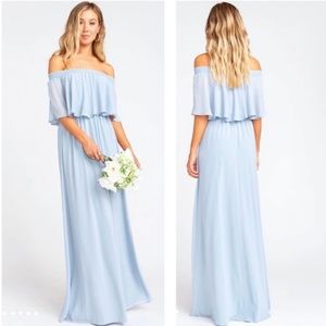 Show Me Your Mumu Hacienda Maxi Dress BLUE Off the Shoulder Gown LARGE formal